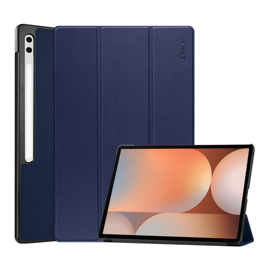 For Samsung Galaxy Tab S10 Ultra / S9 Ultra ENKAY Tri-fold Custer Texture Plastic Leather Smart Tablet Case with Pen Slot(Dark Blue) - Galaxy Tab S9 Ultra Cases by ENKAY | Online Shopping South Africa | PMC Jewellery | Buy Now Pay Later Mobicred