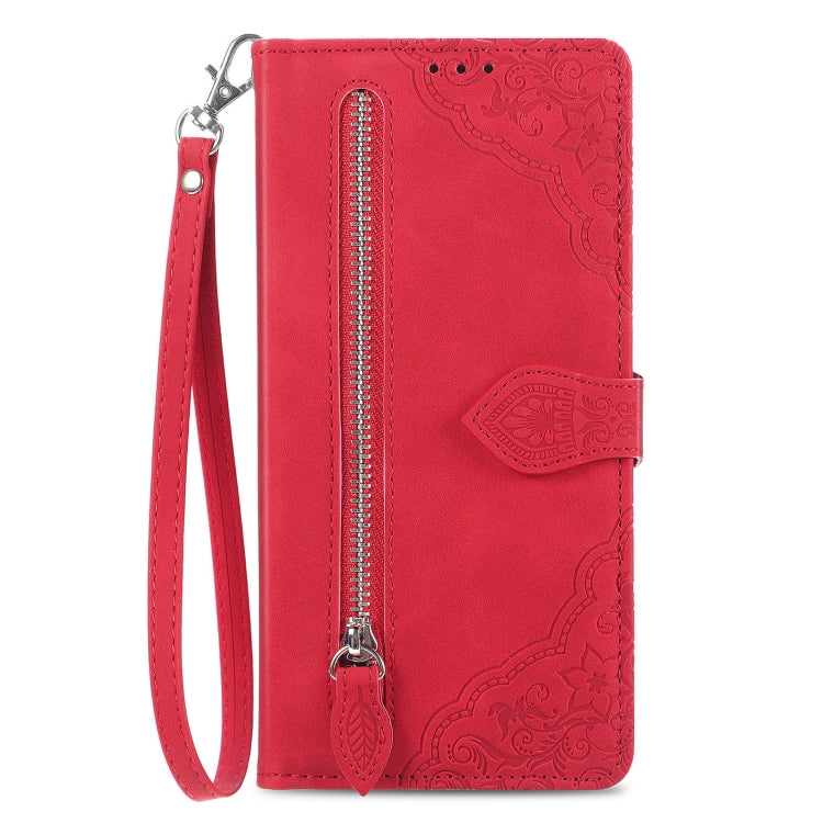 For Samsung Galaxy S25 5G Embossed Flower Zipper Leather Phone Case(Red) - Galaxy S25 5G Cases by PMC TechLife | Online Shopping South Africa | PMC TechLife | Buy Now Pay Later Mobicred