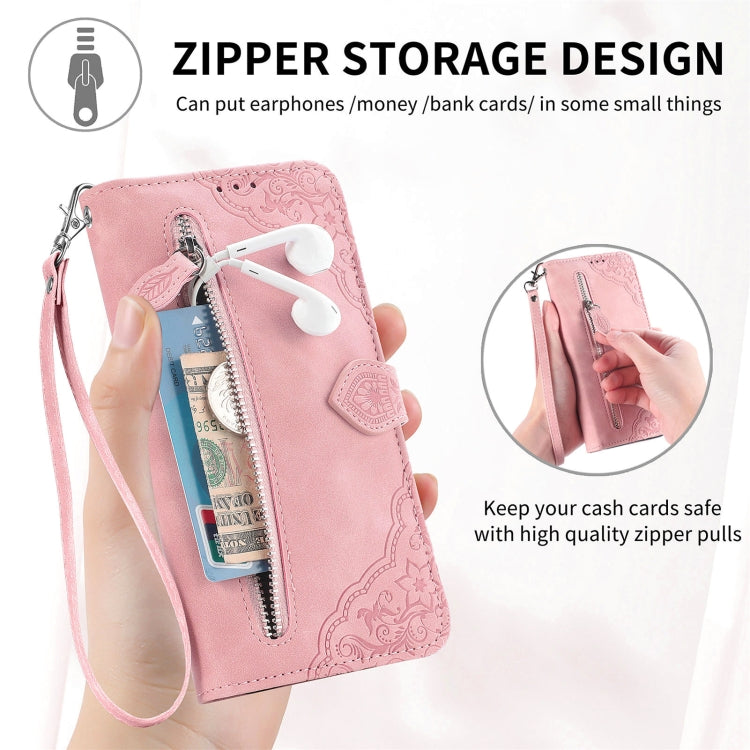 For Samsung Galaxy S25 5G Embossed Flower Zipper Leather Phone Case(Pink) - Galaxy S25 5G Cases by PMC Jewellery | Online Shopping South Africa | PMC Jewellery | Buy Now Pay Later Mobicred