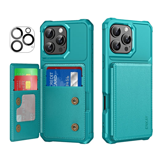 For iPhone 16 Pro Max ENKAY Hat-Prince Card Slot Wallet TPU Back Leather Phone Case with Lens Film(Cyan) - iPhone 16 Pro Max Cases by ENKAY | Online Shopping South Africa | PMC Jewellery | Buy Now Pay Later Mobicred