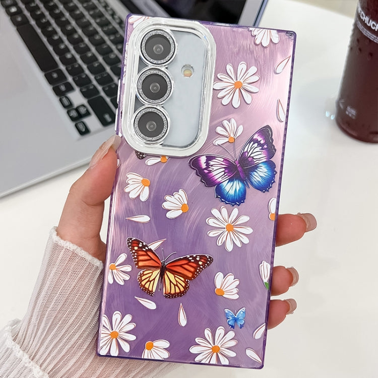 For Samsung Galaxy S25 5G Plating Texture Butterfly TPU Phone Case with Glitter Lens Film(Daisy Butterflies HU2) - Galaxy S25 5G Cases by PMC Jewellery | Online Shopping South Africa | PMC Jewellery | Buy Now Pay Later Mobicred