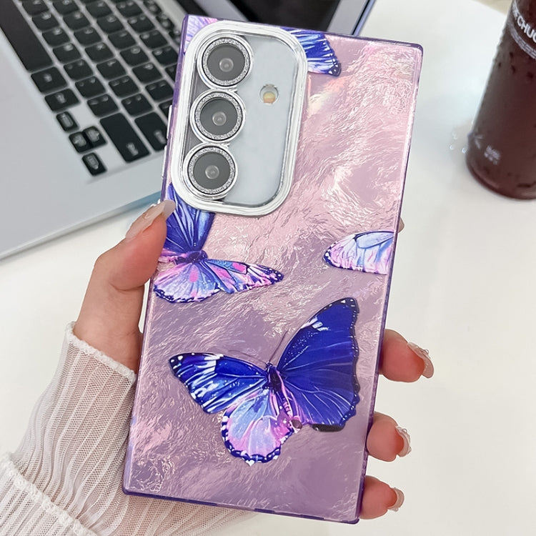 For Samsung Galaxy S25 5G Plating Texture Butterfly TPU Phone Case with Glitter Lens Film(Purple Butterflies HU4) - Galaxy S25 5G Cases by PMC Jewellery | Online Shopping South Africa | PMC Jewellery | Buy Now Pay Later Mobicred