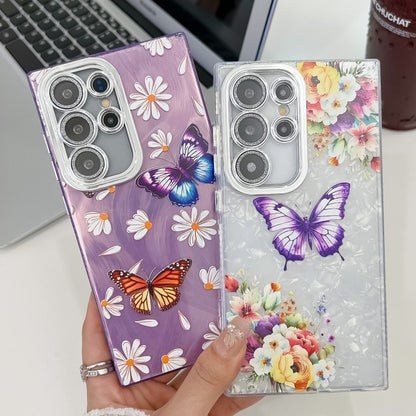 For Samsung Galaxy S25+ 5G Plating Texture Butterfly TPU Phone Case with Glitter Lens Film(Daisy Butterflies HU2) - Galaxy S25+ 5G Cases by PMC Jewellery | Online Shopping South Africa | PMC Jewellery | Buy Now Pay Later Mobicred