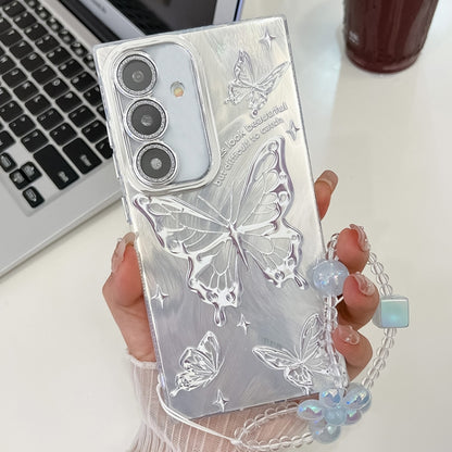 For Samsung Galaxy S25 5G Plating Texture Butterfly Wristband TPU Phone Case with Glitter Lens Film(Silver Butterflies HU6) - Galaxy S25 5G Cases by PMC Jewellery | Online Shopping South Africa | PMC Jewellery | Buy Now Pay Later Mobicred