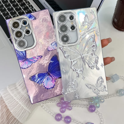 For Samsung Galaxy S25 5G Plating Texture Butterfly Wristband TPU Phone Case with Glitter Lens Film(Silver Butterflies HU6) - Galaxy S25 5G Cases by PMC Jewellery | Online Shopping South Africa | PMC Jewellery | Buy Now Pay Later Mobicred