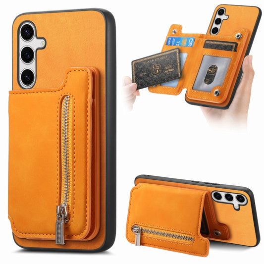 For Samsung Galaxy S25+ 5G Retro MagSafe Zipper Wallet Card Bag Back Phone Case(Yellow) - Galaxy S25+ 5G Cases by PMC Jewellery | Online Shopping South Africa | PMC Jewellery | Buy Now Pay Later Mobicred