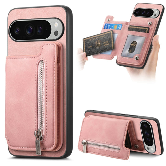 For Google Pixel 9 Pro XL Retro MagSafe Zipper Wallet Card Bag Back Phone Case(Pink) - Google Cases by PMC Jewellery | Online Shopping South Africa | PMC Jewellery | Buy Now Pay Later Mobicred