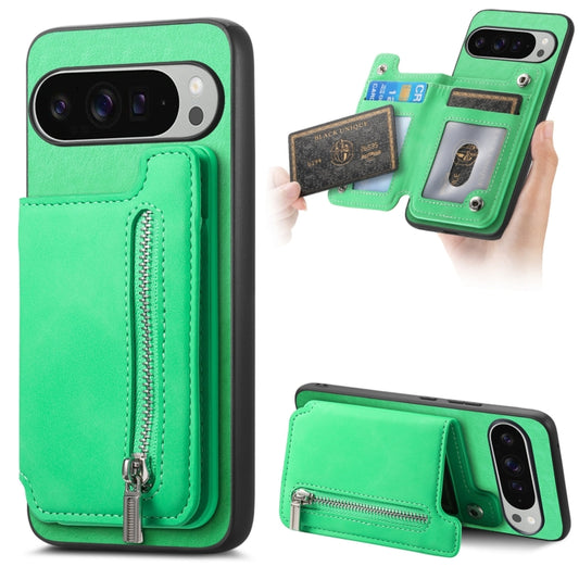 For Google Pixel 9 Pro XL Retro MagSafe Zipper Wallet Card Bag Back Phone Case(Green) - Google Cases by PMC Jewellery | Online Shopping South Africa | PMC Jewellery | Buy Now Pay Later Mobicred