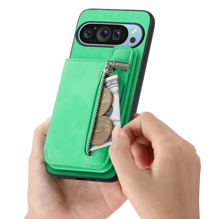 For Google Pixel 8 Retro MagSafe Zipper Wallet Card Bag Back Phone Case(Green) - Google Cases by PMC TechLife | Online Shopping South Africa | PMC TechLife | Buy Now Pay Later Mobicred