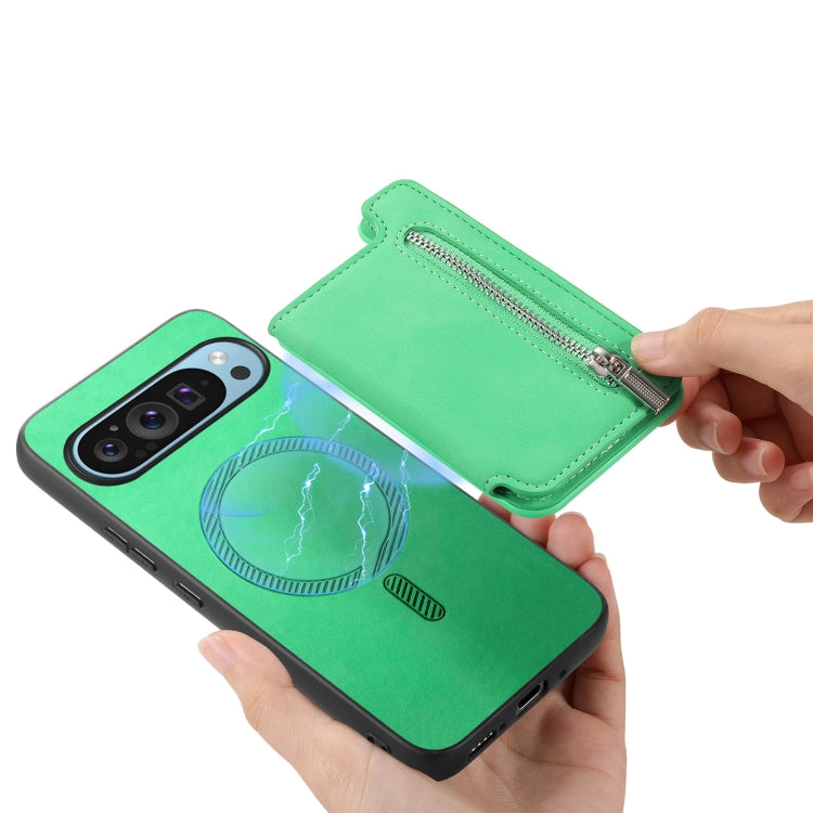 For Google Pixel 8 Retro MagSafe Zipper Wallet Card Bag Back Phone Case(Green) - Google Cases by PMC TechLife | Online Shopping South Africa | PMC TechLife | Buy Now Pay Later Mobicred