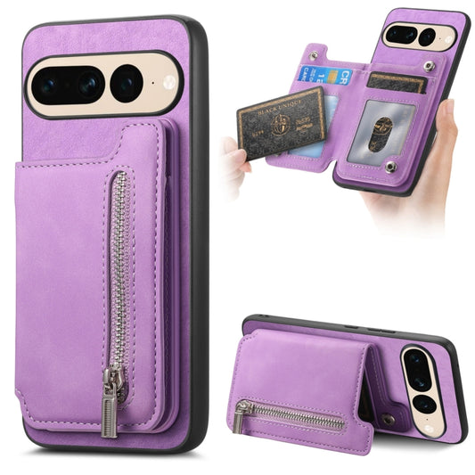 For Google Pixel 7 Pro Retro MagSafe Zipper Wallet Card Bag Back Phone Case(Purple) - Google Cases by PMC Jewellery | Online Shopping South Africa | PMC Jewellery | Buy Now Pay Later Mobicred