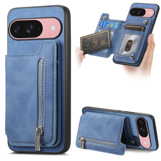 For Google Pixel 9 / 9 Pro Retro MagSafe Zipper Wallet Card Bag Back Phone Case(Blue) - Google Cases by PMC Jewellery | Online Shopping South Africa | PMC Jewellery | Buy Now Pay Later Mobicred