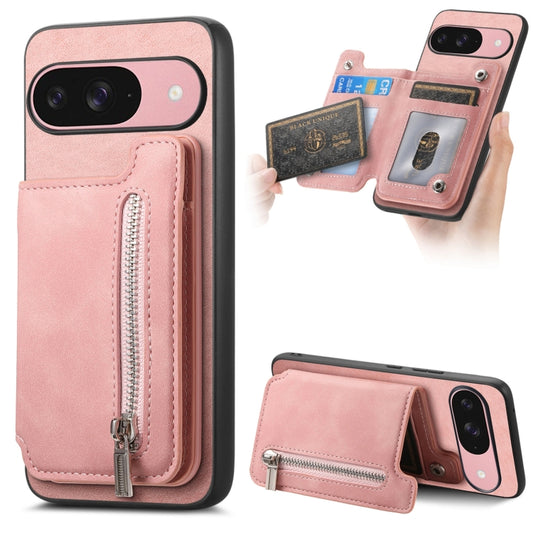 For Google Pixel 9 / 9 Pro Retro MagSafe Zipper Wallet Card Bag Back Phone Case(Pink) - Google Cases by PMC Jewellery | Online Shopping South Africa | PMC Jewellery | Buy Now Pay Later Mobicred