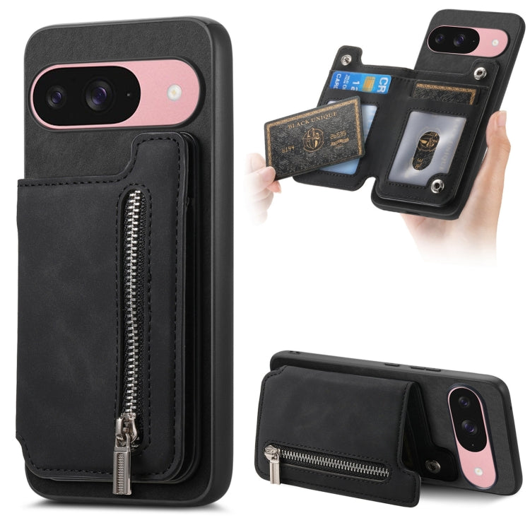 For Google Pixel 9 / 9 Pro Retro MagSafe Zipper Wallet Card Bag Back Phone Case(Black) - Google Cases by PMC TechLife | Online Shopping South Africa | PMC TechLife | Buy Now Pay Later Mobicred