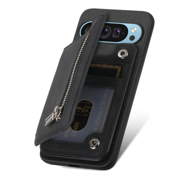 For Google Pixel 9 / 9 Pro Retro MagSafe Zipper Wallet Card Bag Back Phone Case(Black) - Google Cases by PMC TechLife | Online Shopping South Africa | PMC TechLife | Buy Now Pay Later Mobicred