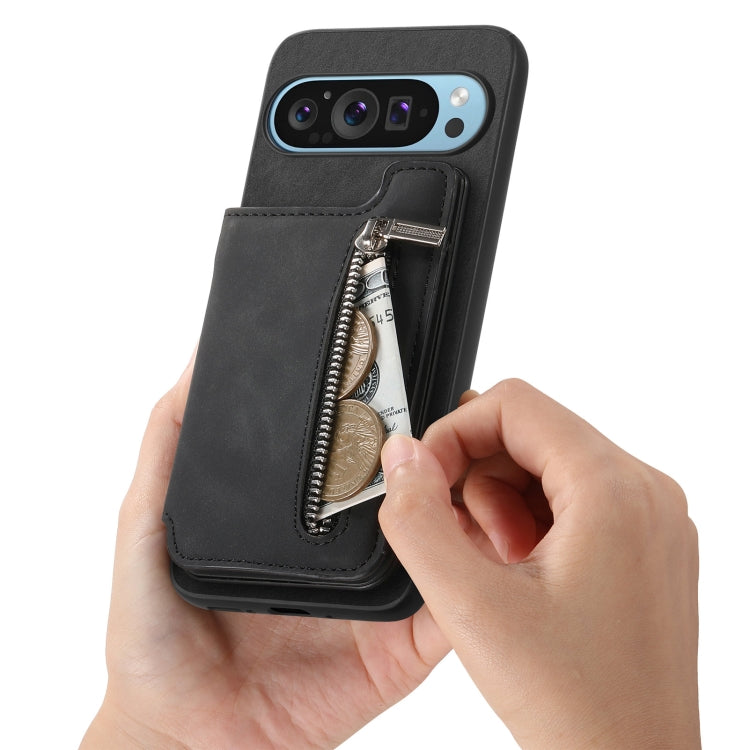 For Google Pixel 9 / 9 Pro Retro MagSafe Zipper Wallet Card Bag Back Phone Case(Black) - Google Cases by PMC TechLife | Online Shopping South Africa | PMC TechLife | Buy Now Pay Later Mobicred
