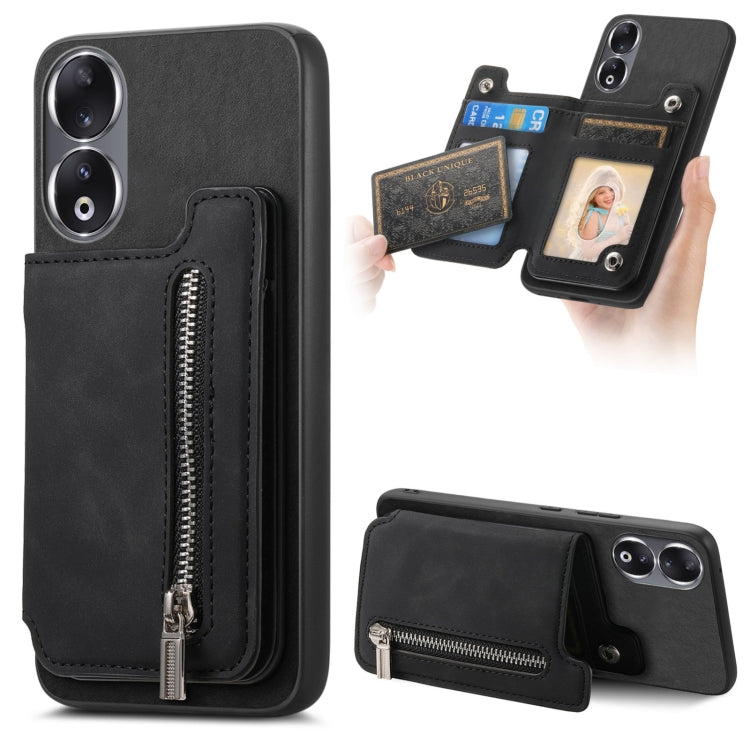For Honor 90 Retro MagSafe Zipper Wallet Card Bag Back Phone Case(Black) - Honor Cases by PMC TechLife | Online Shopping South Africa | PMC TechLife | Buy Now Pay Later Mobicred