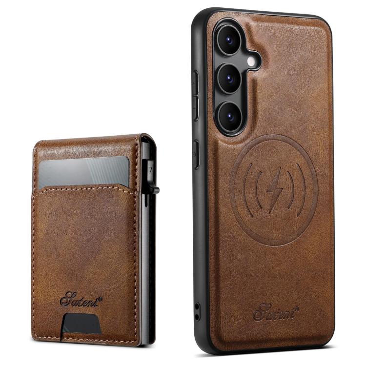 For Samsung Galaxy S25+ 5G Suteni H19 Oil Wax 2-in-1 MagSafe Removable Card Box Back Phone Case(Brown) - Galaxy S25+ 5G Cases by Suteni | Online Shopping South Africa | PMC Jewellery | Buy Now Pay Later Mobicred