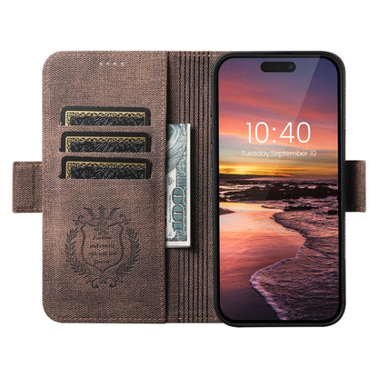 For iPhone 16 Suteni J07 Multi-functional Horizontal MagSafe Denim Leather Phone Case(Brown) - iPhone 16 Cases by Suteni | Online Shopping South Africa | PMC Jewellery | Buy Now Pay Later Mobicred