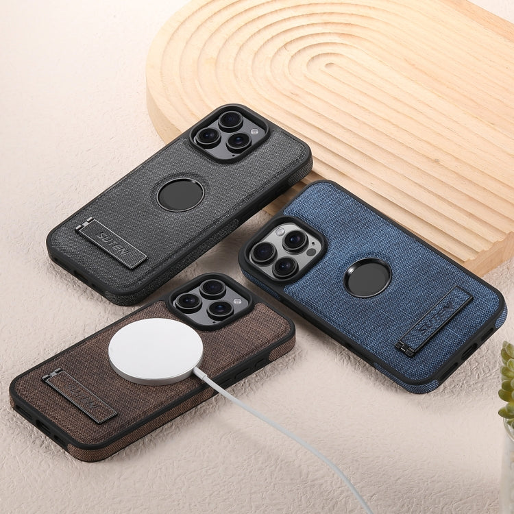 For iPhone 16 Suteni G2 Holder Denim Leather Back MagSafe Phone Case(Black) - iPhone 16 Cases by Suteni | Online Shopping South Africa | PMC Jewellery | Buy Now Pay Later Mobicred