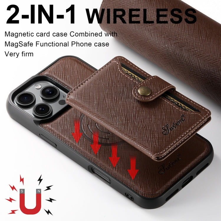 For iPhone 16 Pro Max Suteni H20 Cross-Grain MagSafe Horizontal Card Bag Back Phone Case(Brown) - iPhone 16 Pro Max Cases by Suteni | Online Shopping South Africa | PMC Jewellery | Buy Now Pay Later Mobicred