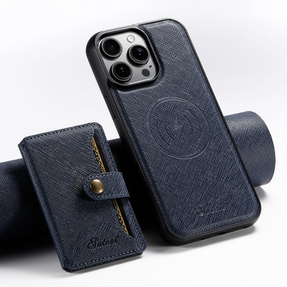 For iPhone 16 Pro Suteni H20 Cross-Grain MagSafe Horizontal Card Bag Back Phone Case(Blue) - iPhone 16 Pro Cases by Suteni | Online Shopping South Africa | PMC Jewellery | Buy Now Pay Later Mobicred