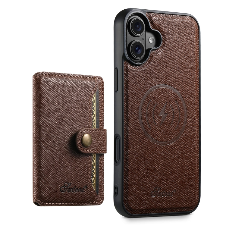 For iPhone 16 Plus Suteni H20 Cross-Grain MagSafe Horizontal Card Bag Back Phone Case(Brown) - iPhone 16 Plus Cases by Suteni | Online Shopping South Africa | PMC Jewellery | Buy Now Pay Later Mobicred