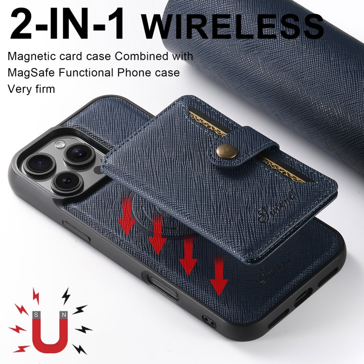 For iPhone 16 Suteni H20 Cross-Grain MagSafe Horizontal Card Bag Back Phone Case(Blue) - iPhone 16 Cases by Suteni | Online Shopping South Africa | PMC Jewellery | Buy Now Pay Later Mobicred