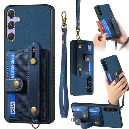 For Samsung Galaxy S25 Ultra 5G Retro Cross Wristband Wallet Leather Back Phone Case(Blue) - Galaxy S25 Ultra 5G Cases by PMC Jewellery | Online Shopping South Africa | PMC Jewellery | Buy Now Pay Later Mobicred