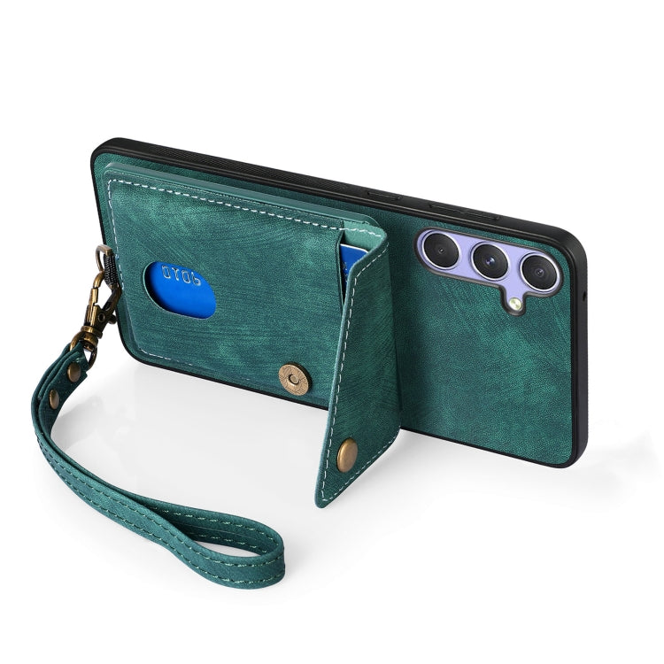 For Samsung Galaxy S25 5G Retro Card Wallet Fold Leather Phone Case with Strap(Green) - Galaxy S25 5G Cases by PMC TechLife | Online Shopping South Africa | PMC TechLife | Buy Now Pay Later Mobicred