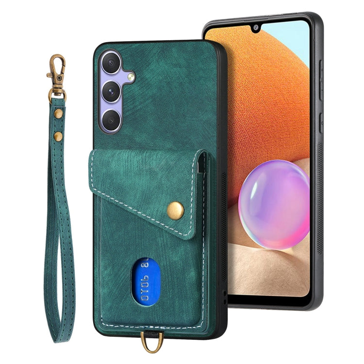 For Samsung Galaxy S25+ 5G Retro Card Wallet Fold Leather Phone Case with Strap(Green) - Galaxy S25+ 5G Cases by PMC TechLife | Online Shopping South Africa | PMC TechLife | Buy Now Pay Later Mobicred