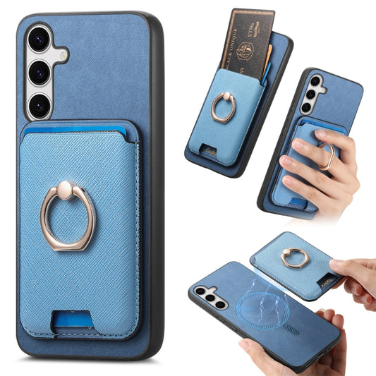 For Samsung Galaxy S25+ 5G Retro Cross Leather Ring Vertical Insert Card Bag MagSafe Phone Case(Blue) - Galaxy S25+ 5G Cases by PMC Jewellery | Online Shopping South Africa | PMC Jewellery | Buy Now Pay Later Mobicred