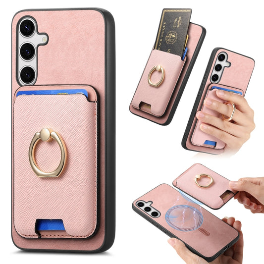 For Samsung Galaxy S25+ 5G Retro Cross Leather Ring Vertical Insert Card Bag MagSafe Phone Case(Pink) - Galaxy S25+ 5G Cases by PMC Jewellery | Online Shopping South Africa | PMC Jewellery | Buy Now Pay Later Mobicred