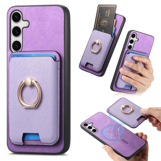 For Samsung Galaxy S25+ 5G Retro Cross Leather Ring Vertical Insert Card Bag MagSafe Phone Case(Purple) - Galaxy S25+ 5G Cases by PMC Jewellery | Online Shopping South Africa | PMC Jewellery | Buy Now Pay Later Mobicred