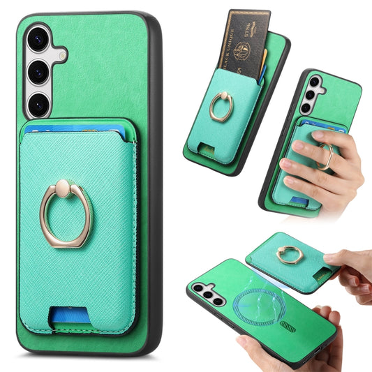 For Samsung Galaxy S25+ 5G Retro Cross Leather Ring Vertical Insert Card Bag MagSafe Phone Case(Green) - Galaxy S25+ 5G Cases by PMC Jewellery | Online Shopping South Africa | PMC Jewellery | Buy Now Pay Later Mobicred