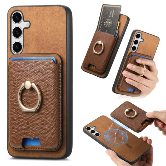 For Samsung Galaxy S25+ 5G Retro Cross Leather Ring Vertical Insert Card Bag MagSafe Phone Case(Brown) - Galaxy S25+ 5G Cases by PMC Jewellery | Online Shopping South Africa | PMC Jewellery | Buy Now Pay Later Mobicred