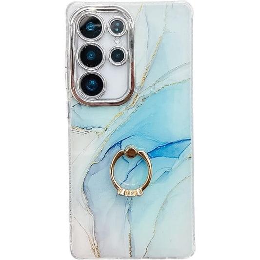 For Samsung Galaxy S25 Ultra 5G Electroplated Marble Texture Ring Holder Phone Case(Light Blue S5) - Galaxy S25 Ultra 5G Cases by PMC Jewellery | Online Shopping South Africa | PMC Jewellery | Buy Now Pay Later Mobicred