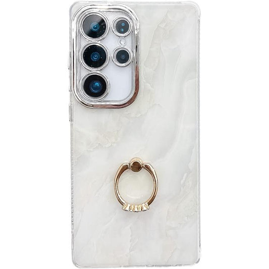 For Samsung Galaxy S25 Ultra 5G Electroplated Marble Texture Ring Holder Phone Case(White S8) - Galaxy S25 Ultra 5G Cases by PMC Jewellery | Online Shopping South Africa | PMC Jewellery | Buy Now Pay Later Mobicred