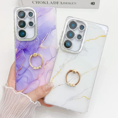 For Samsung Galaxy S25 Ultra 5G Electroplated Marble Texture Ring Holder Phone Case(Purple Blue S18) - Galaxy S25 Ultra 5G Cases by PMC Jewellery | Online Shopping South Africa | PMC Jewellery | Buy Now Pay Later Mobicred