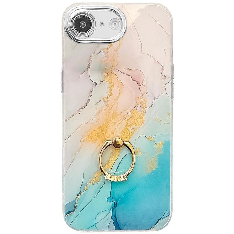 For iPhone 16e Electroplated Marble Texture Ring Holder Phone Case(Yellow Green S13) - iPhone 16e Cases by PMC TechLife | Online Shopping South Africa | PMC TechLife | Buy Now Pay Later Mobicred