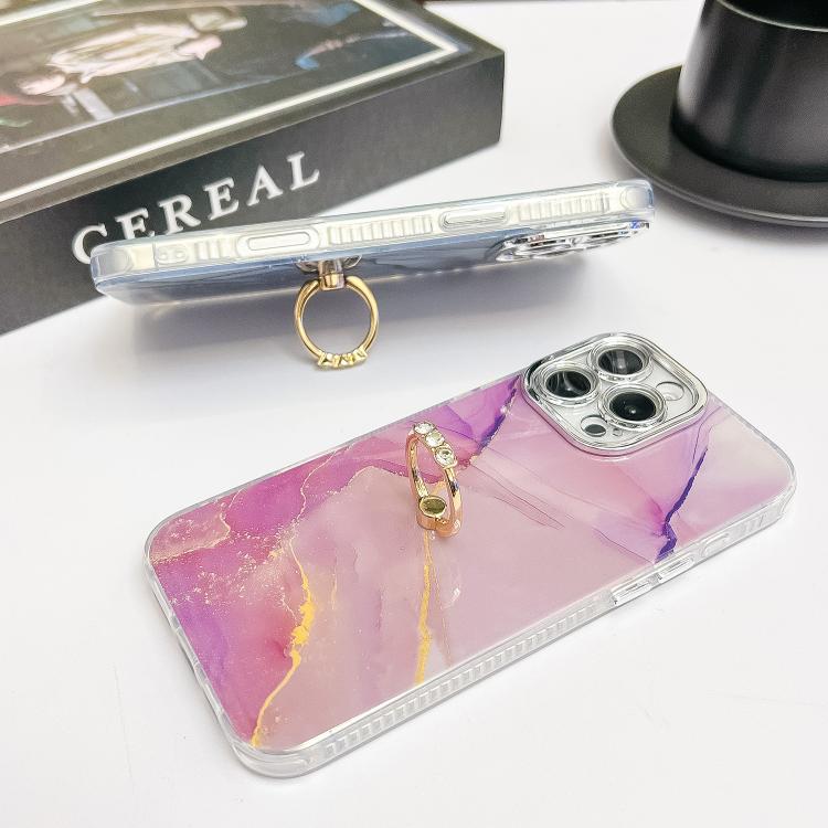 For iPhone 16e Electroplated Marble Texture Ring Holder Phone Case(Gold Pink Red S12) - iPhone 16e Cases by PMC TechLife | Online Shopping South Africa | PMC TechLife | Buy Now Pay Later Mobicred