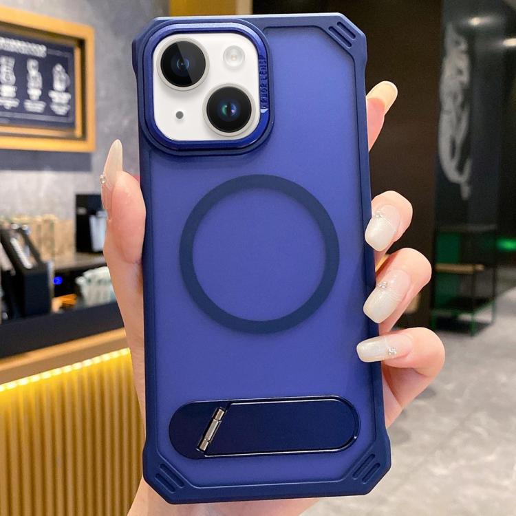 For iPhone 15 Skin Feel Frameless MagSafe PC Phone Case with Fold Holder(Blue) - iPhone 15 Cases by PMc TechLife | Online Shopping South Africa | PMc TechLife | Buy Now Pay Later Mobicred
