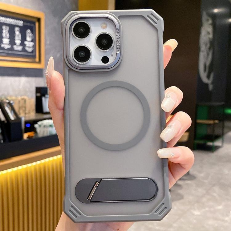 For iPhone 16 Pro Skin Feel Frameless MagSafe PC Phone Case with Fold Holder(Grey) - iPhone 16 Pro Cases by PMc TechLife | Online Shopping South Africa | PMc TechLife | Buy Now Pay Later Mobicred