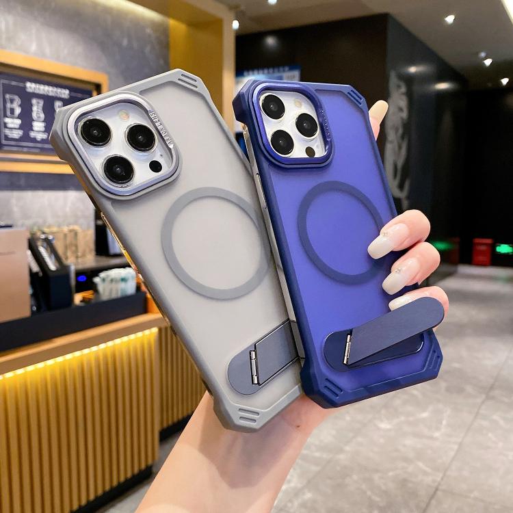 For iPhone 13 Pro Max Skin Feel Frameless MagSafe PC Phone Case with Fold Holder(Blue) - iPhone 13 Pro Max Cases by PMc TechLife | Online Shopping South Africa | PMc TechLife | Buy Now Pay Later Mobicred