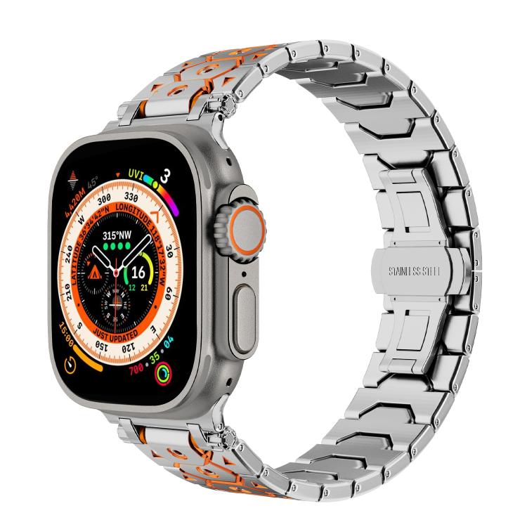 For Apple Watch 46mm / 49mm / 45mm / 44mm Octagonal Stainless Steel  Watch(Silver Inter Orange) - free shipping - PMC TechLife - Order now!
