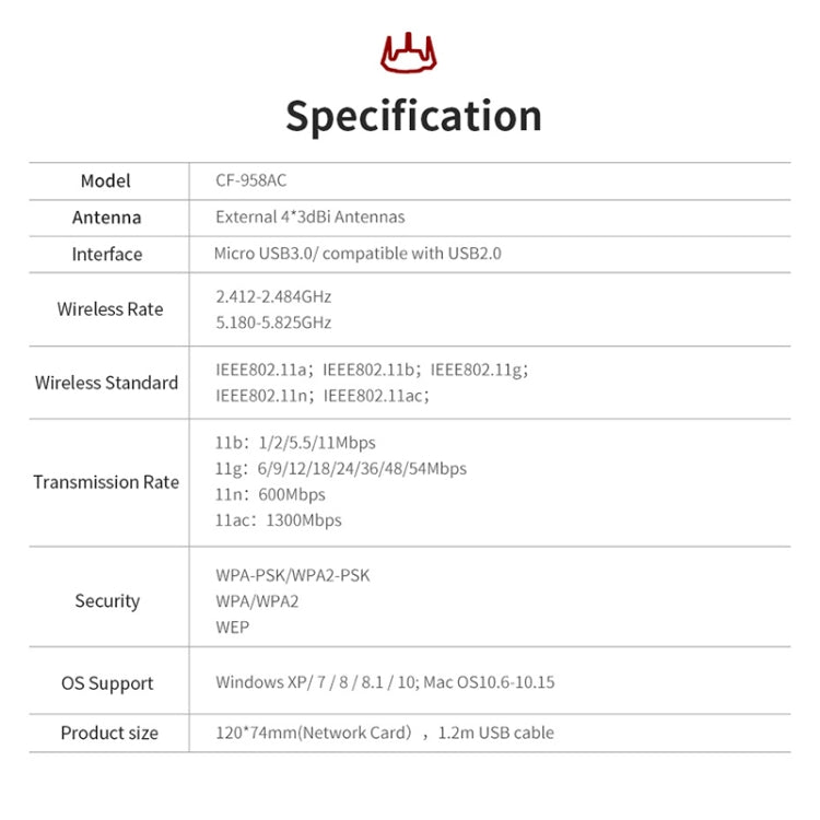 Comfast CF-958AC High Power PA Wifi Adapter 1900Mbps Gigabit E-Sports Network Card 2.4Ghz+5.8Ghz USB 3.0 PC Lan Dongle Receiver - Wireless Routers by COMFAST | Online Shopping South Africa | PMC Jewellery | Buy Now Pay Later Mobicred