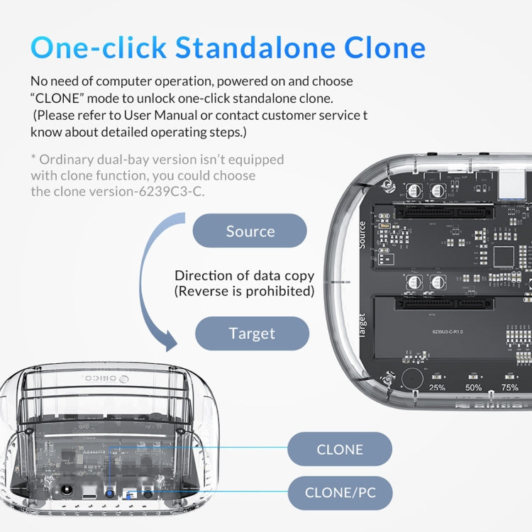 ORICO 6239C3 2.5/3.5inch 2 Bay Transparent Type-C Hard Drive Dock - HDD Enclosure by ORICO | Online Shopping South Africa | PMC Jewellery | Buy Now Pay Later Mobicred