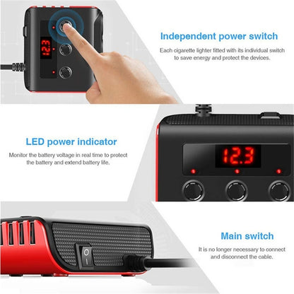 TR12 3 in 1 100W 4USB Car Cigarette Lighter with Switch Voltage Display(Black Red) - Cigar Socket by PMC Jewellery | Online Shopping South Africa | PMC Jewellery | Buy Now Pay Later Mobicred