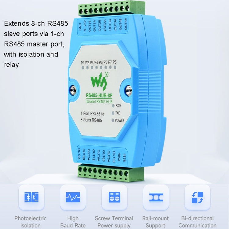 Waveshare RS485-HUB-8P Industrial-grade Isolated 8-ch RS485 Hub, Rail-mount Support, Wide Baud Rate Range - free shipping - PMC Jewellery - Order now!