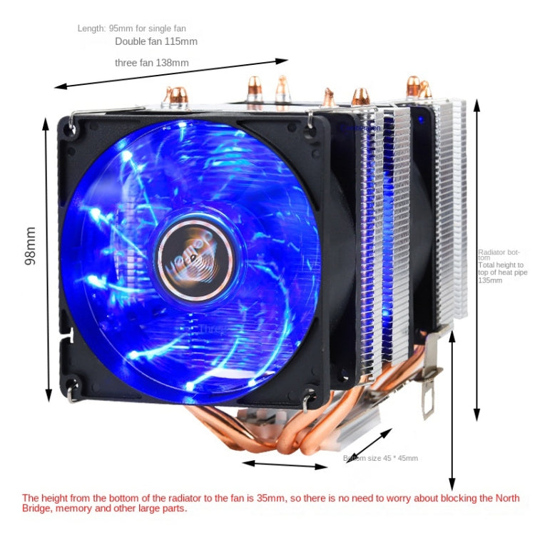 Desktop Computer 6 Copper Tube CPU Radiator Super Quiet Blue Light 3-pin Double Fan - Fan Cooling by PMC Jewellery | Online Shopping South Africa | PMC Jewellery | Buy Now Pay Later Mobicred
